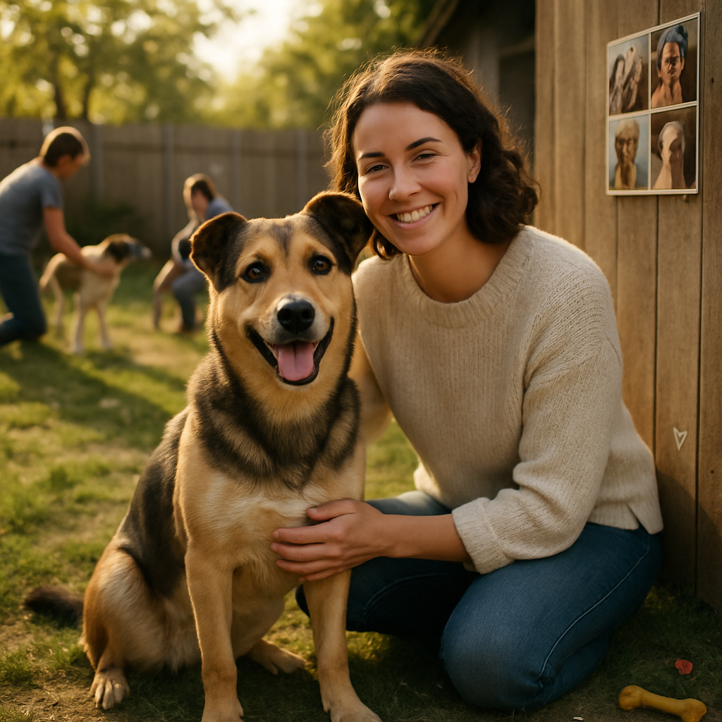 Smiling rescued dog in a sunny outdoor setting